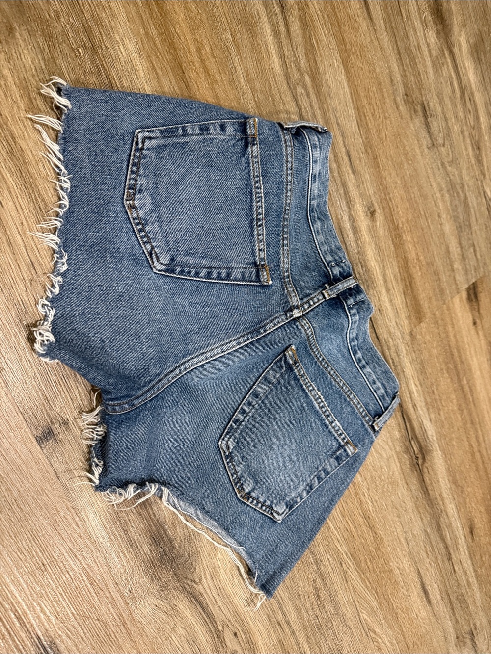 Agolde Parker Mid-Blue Frayed Hem Denim Cutoff Shorts